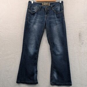 VTG Truce Jeans Womens 34x30 Blue Low Rise Flare Stretch Embroidered Pockets Y2K
